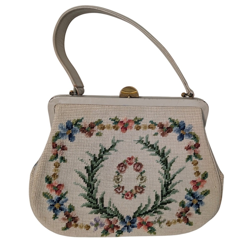 Vintage Floral Needlepoint Shoulder Bag Purse Medium Tapestry Cottage Handbag